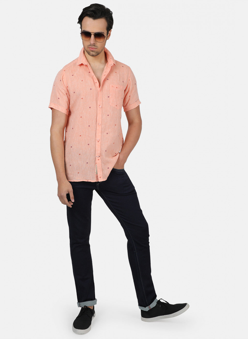 Men Peach Printed Linen Shirt