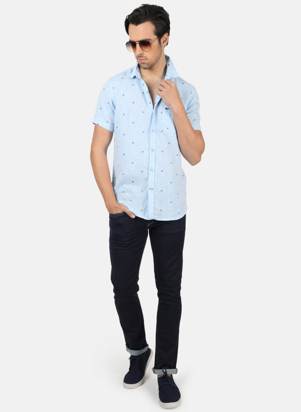 Men Blue Printed Linen Shirt