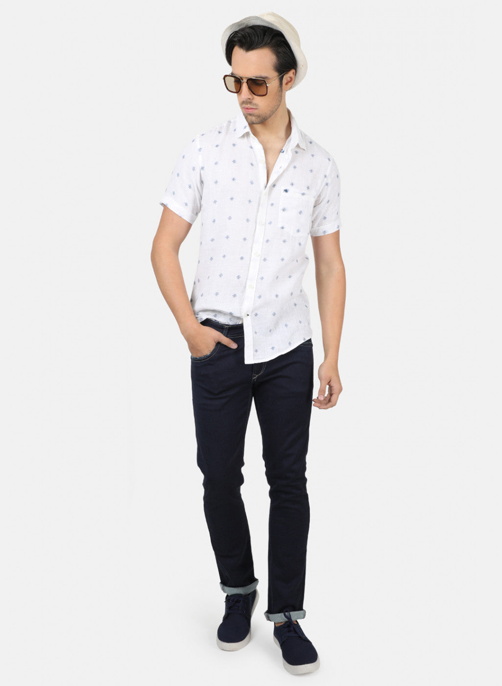 Men White Printed Linen Shirt