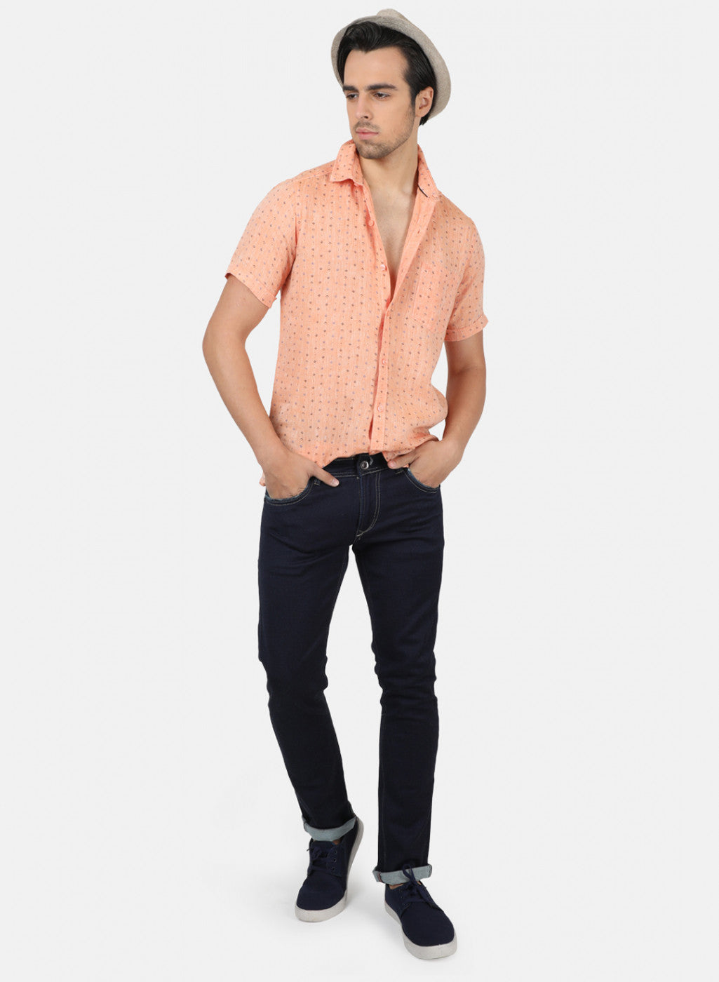Men Light Orange Printed Linen Shirt