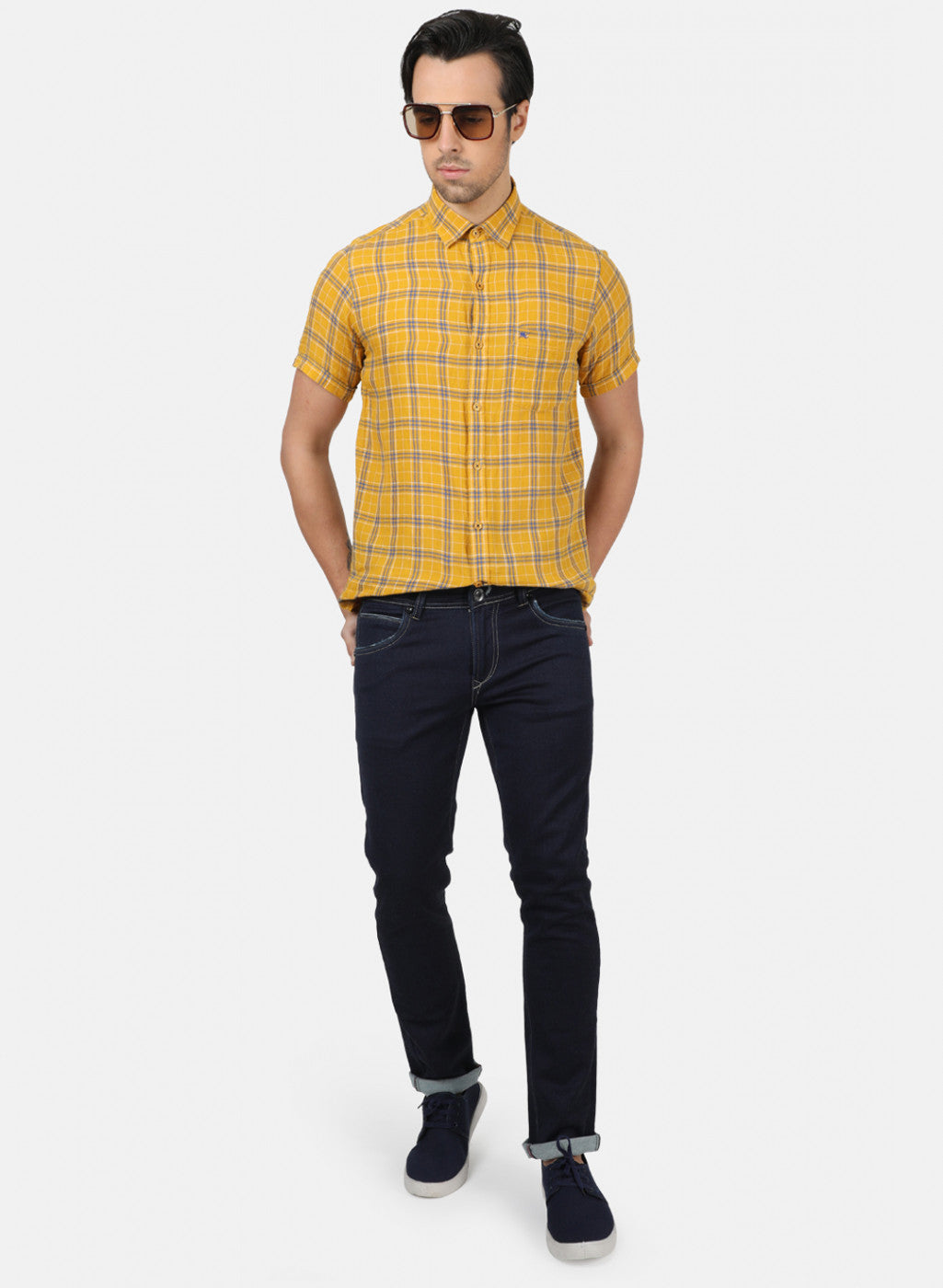 Men Mustard Check Linen Shirt