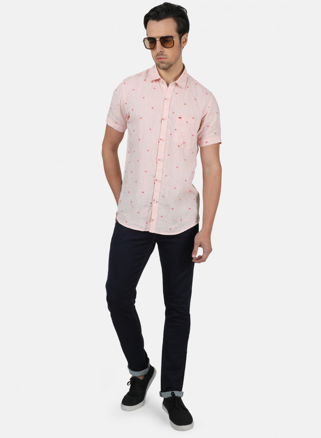 Men Peach Printed Linen Shirt