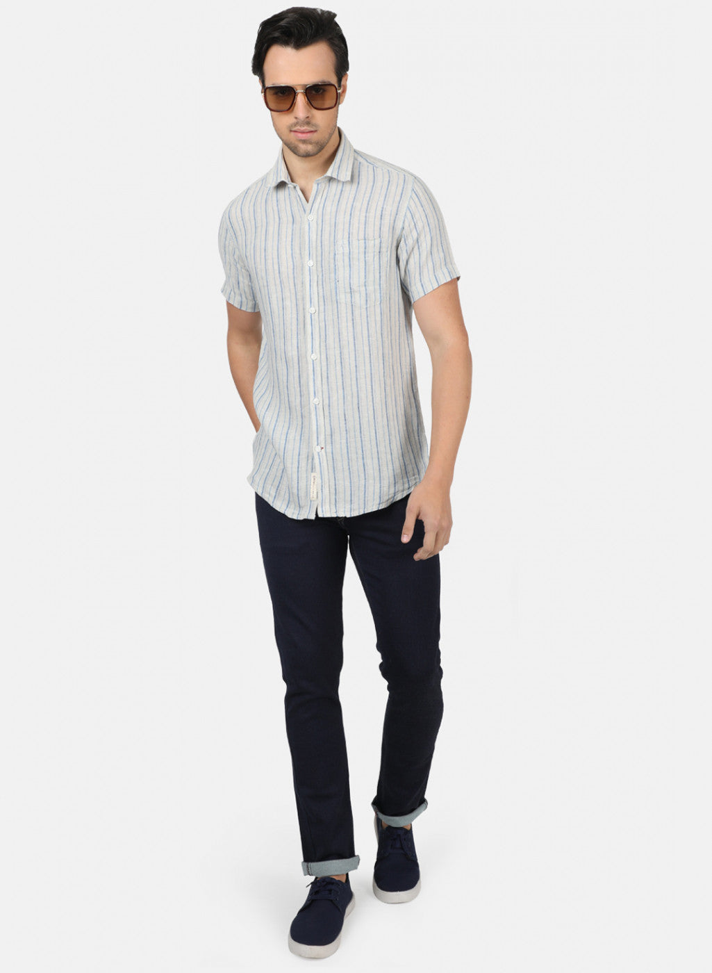 Men Off White Stripe Linen Shirt