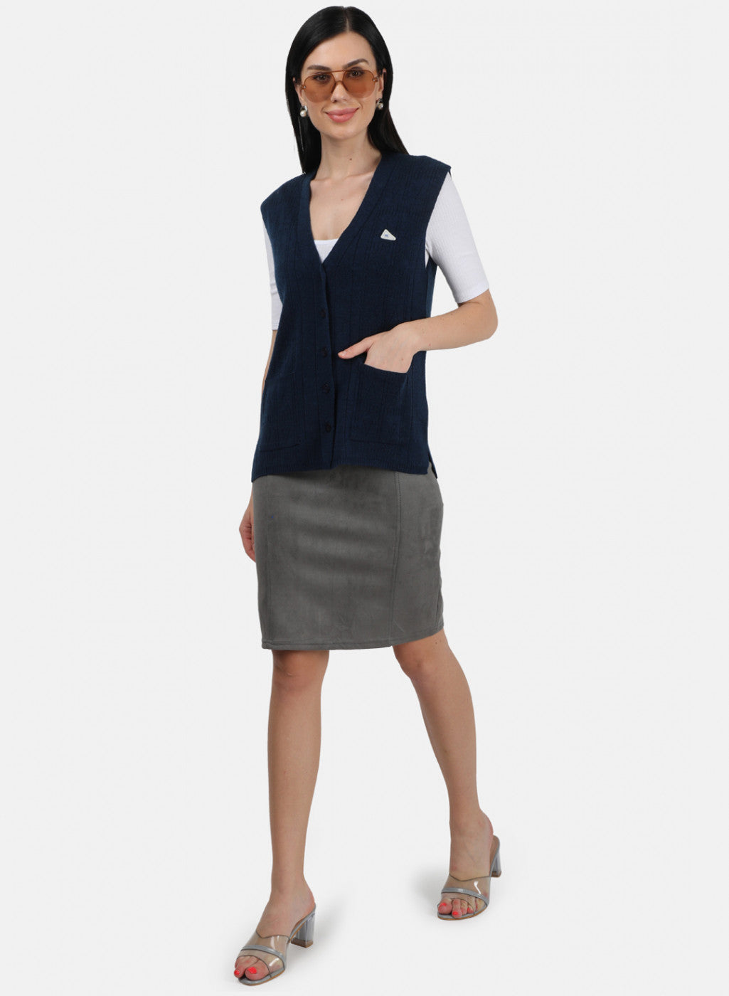 Women Navy Blue Self Design Cardigan