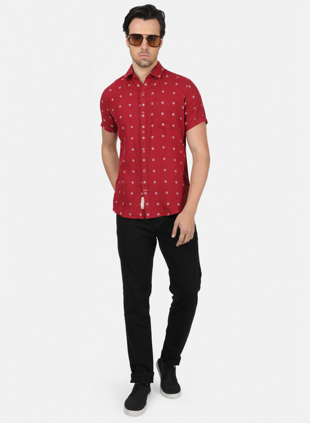 Men Maroon Printed Linen Shirt