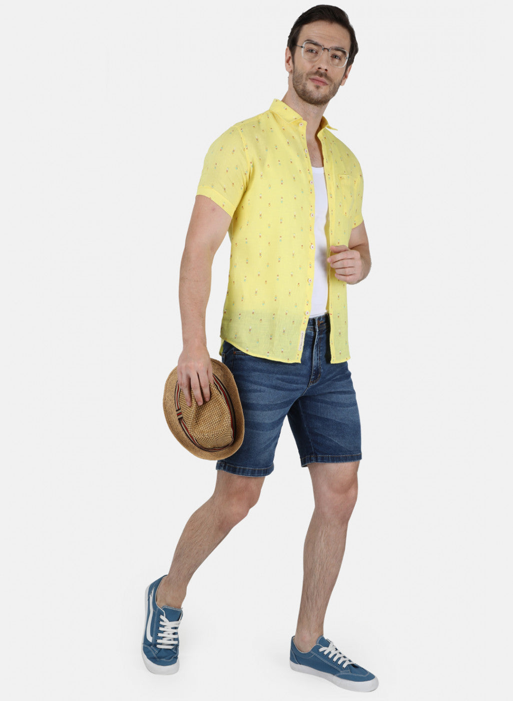 Mens Yellow Printed Linen Shirt