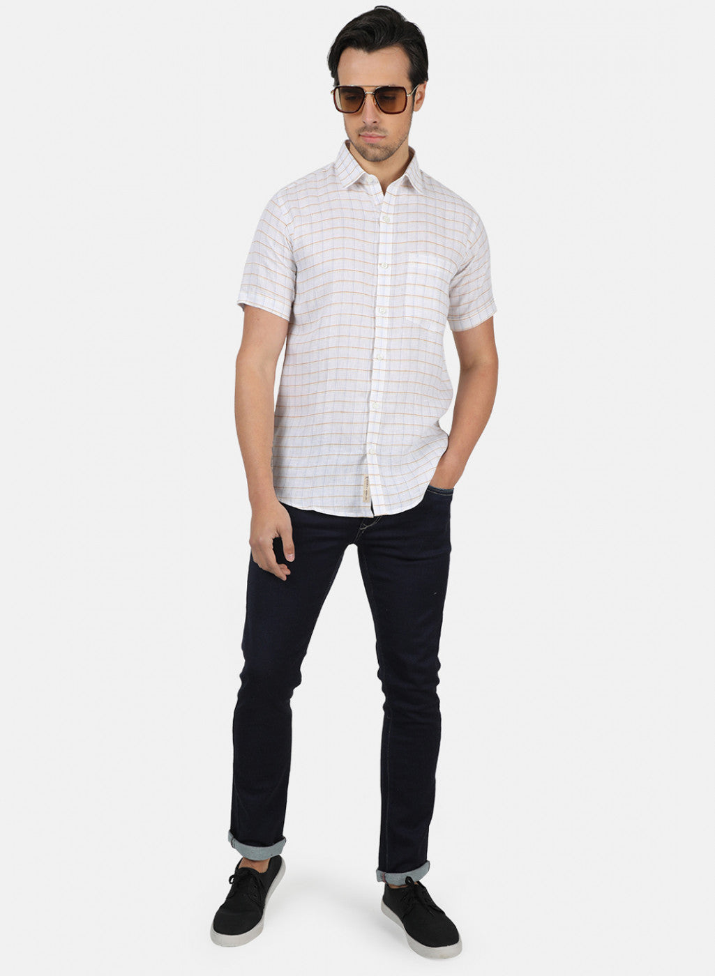 Men White Check Linen Shirt