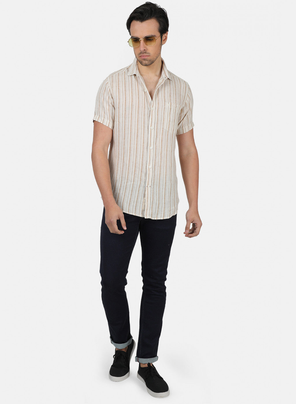 Men Brown Stripe Linen Shirt