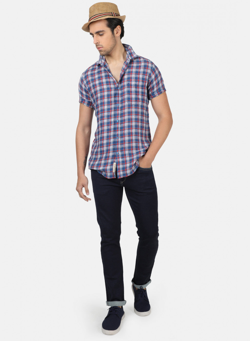 Men Blue Check Linen Shirt