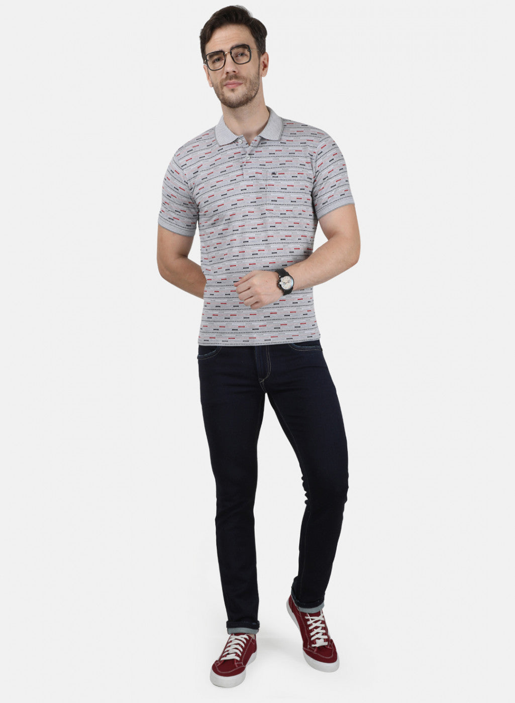 Mens Grey Stripe Collar T-Shirts