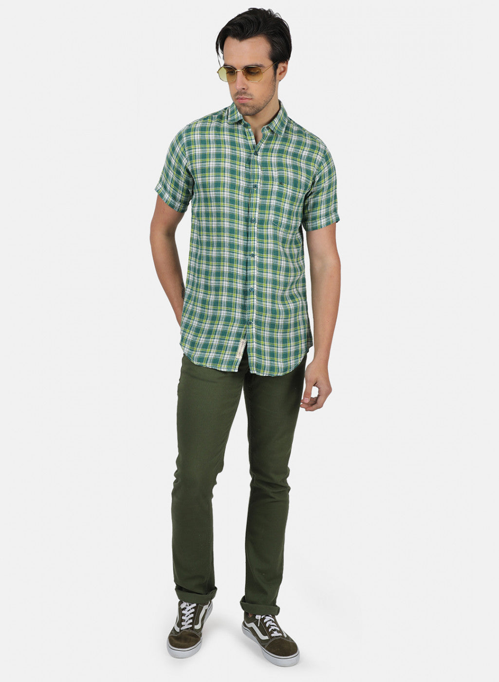 Men Green Check Linen Shirt