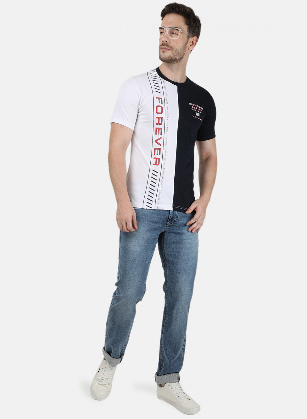 Mens Off White Printed Round Neck T-Shirts