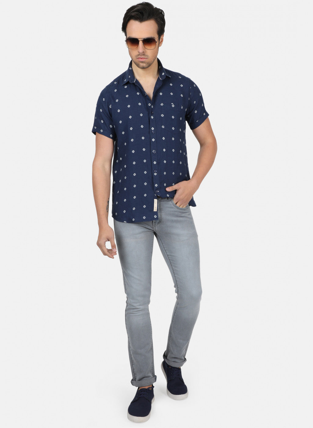 Men NAvy Blue Printed Linen Shirt