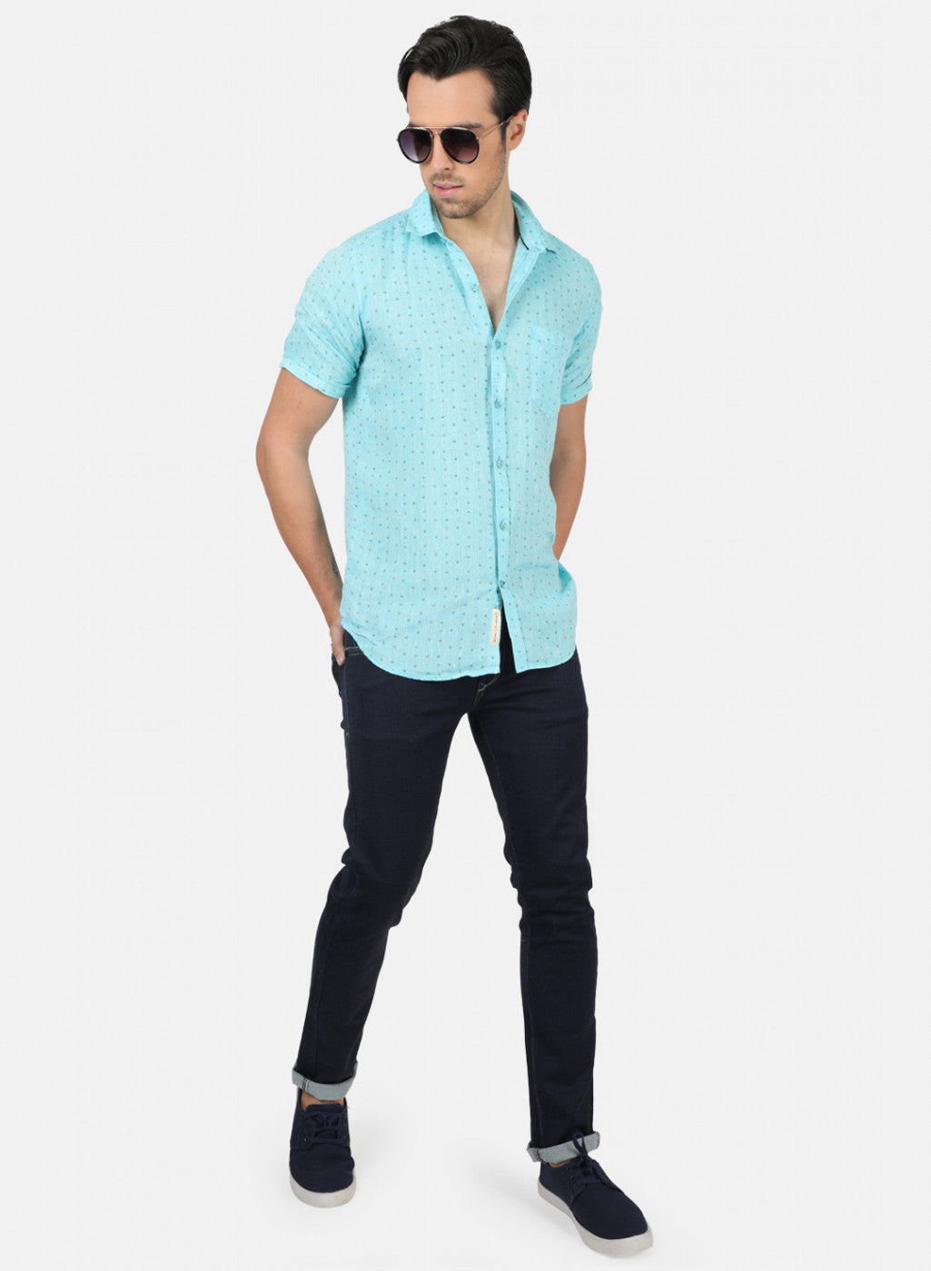 Men Blue Printed Linen Shirt