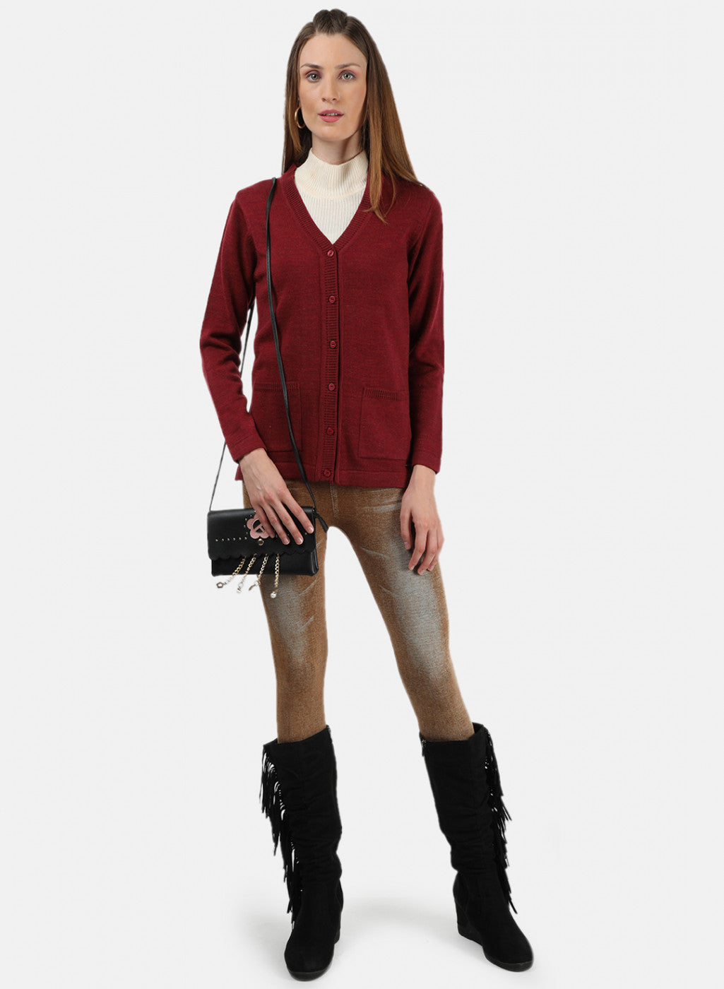 Women Maroon Solid Cardigan