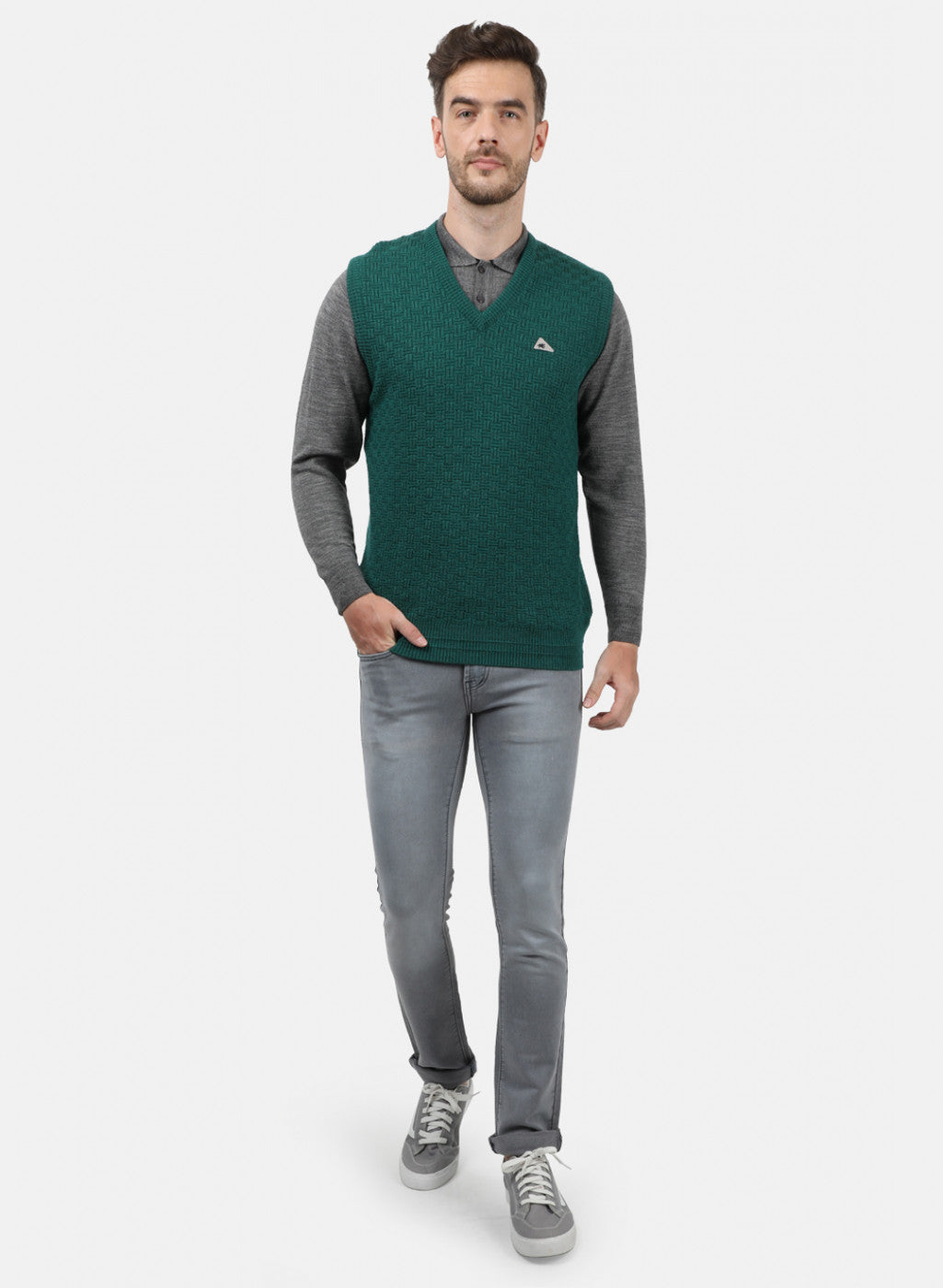 Men Green Self Sweater