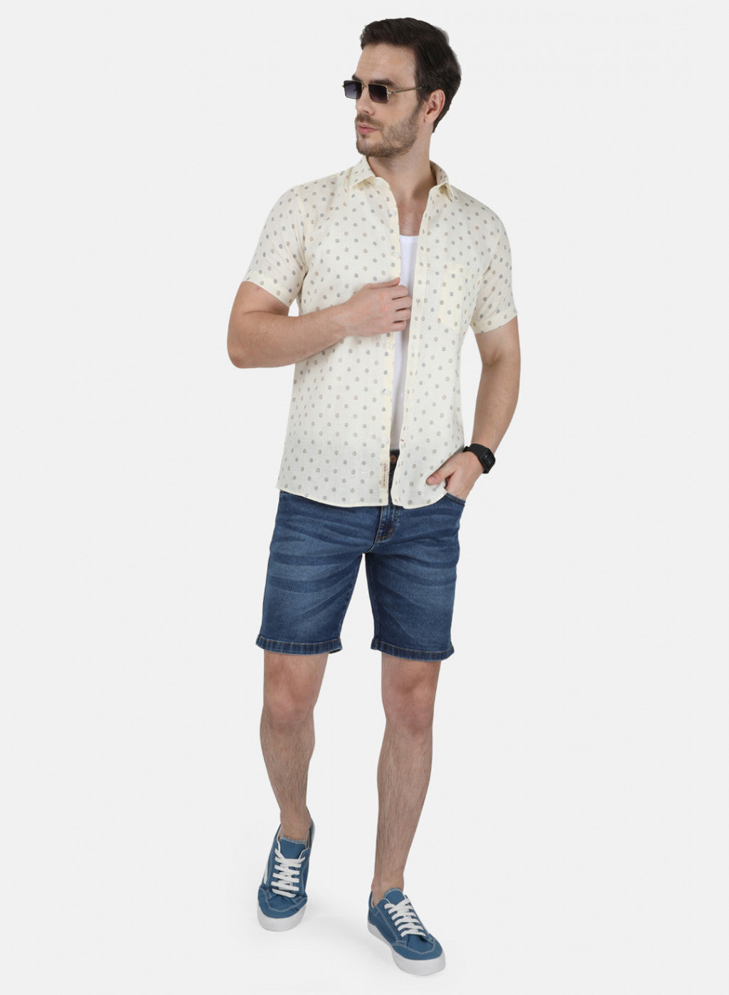 Mens Off White Printed Linen Shirt