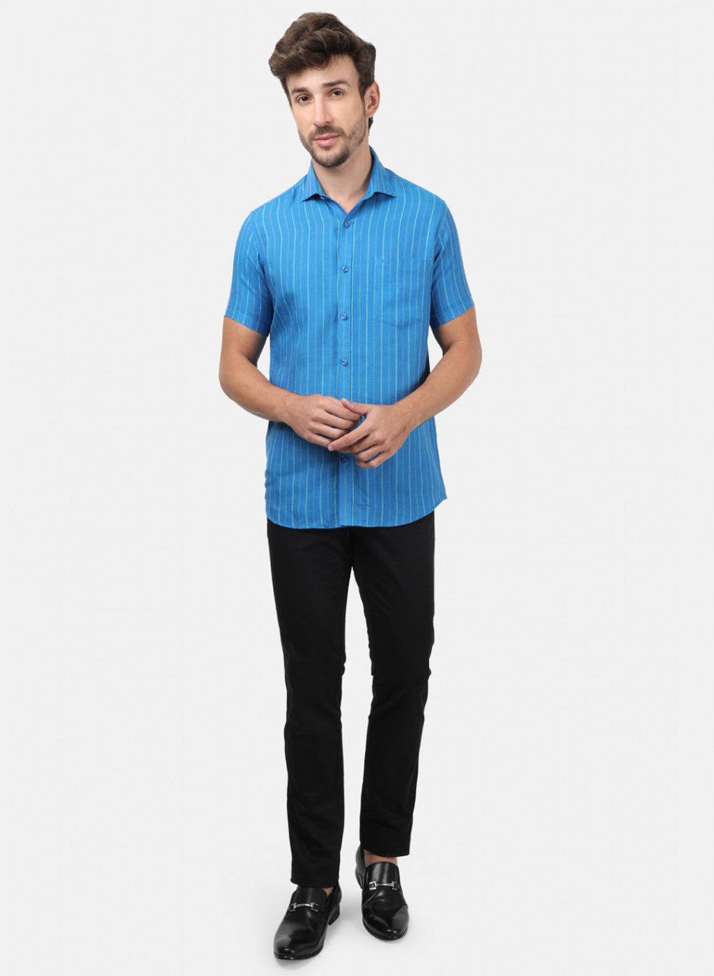 Men Blue Stripe Linen Shirt
