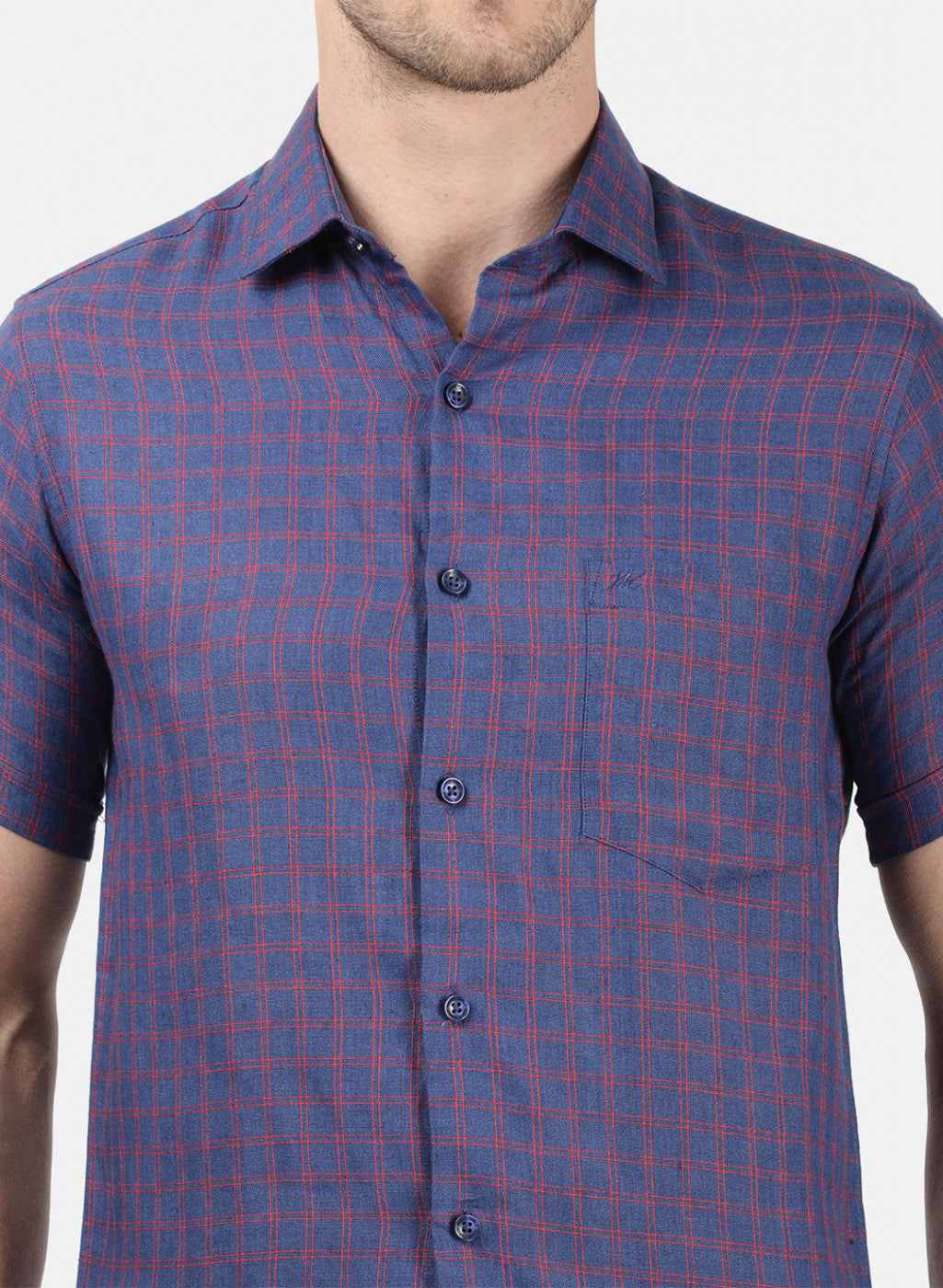 Men Blue Check Linen Shirt