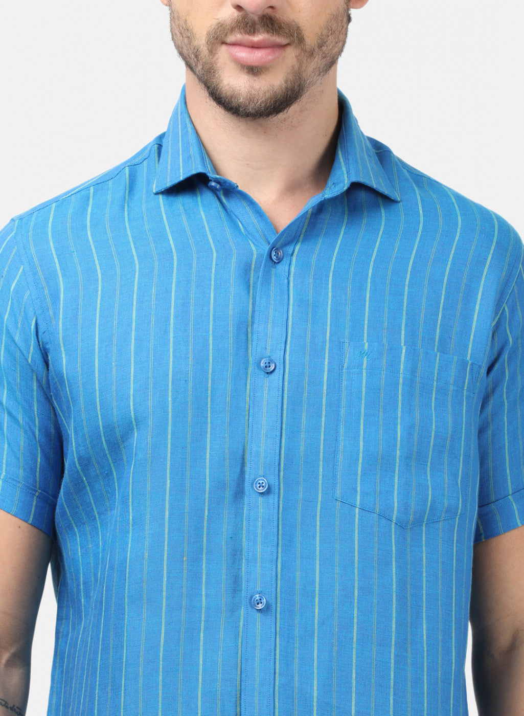 Men Blue Stripe Linen Shirt