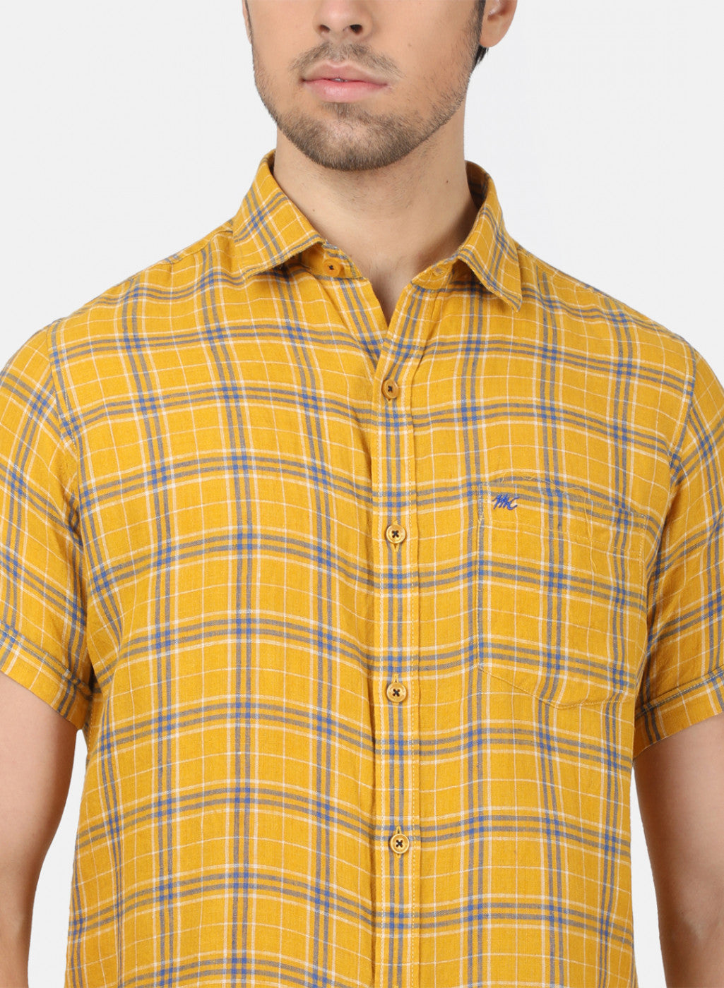 Men Mustard Check Linen Shirt