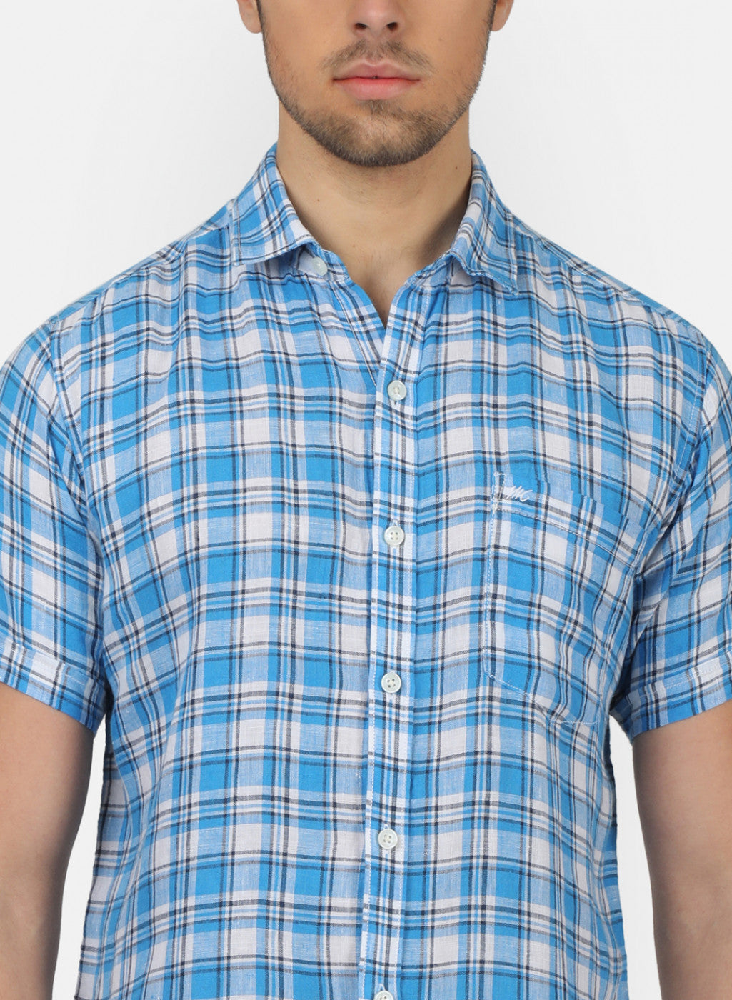 Men Blue Check Linen Shirt