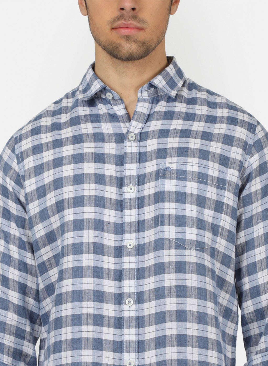 Men Blue Check Linen Shirt