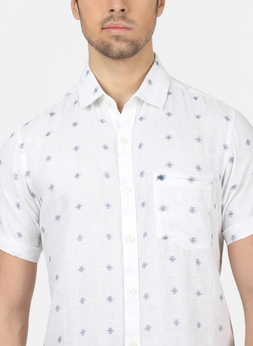 Men White Printed Linen Shirt