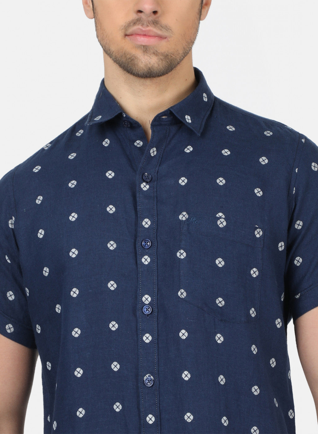 Men NAvy Blue Printed Linen Shirt