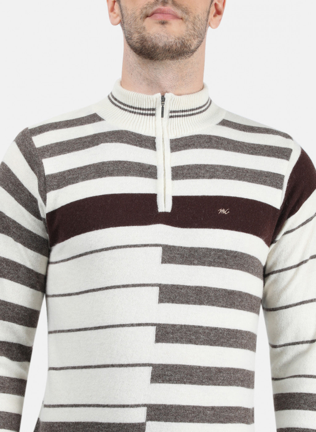 Men Off White & Brown Solid Pullover