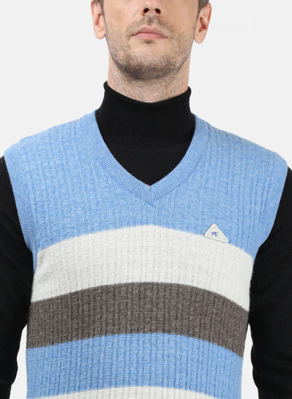 Men Off White & Blue Solid Sweater