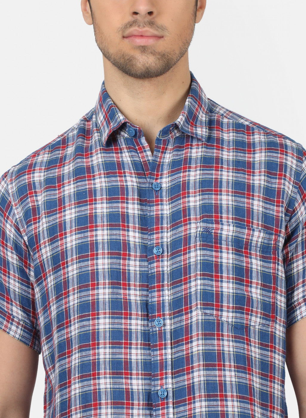 Men Blue Check Linen Shirt