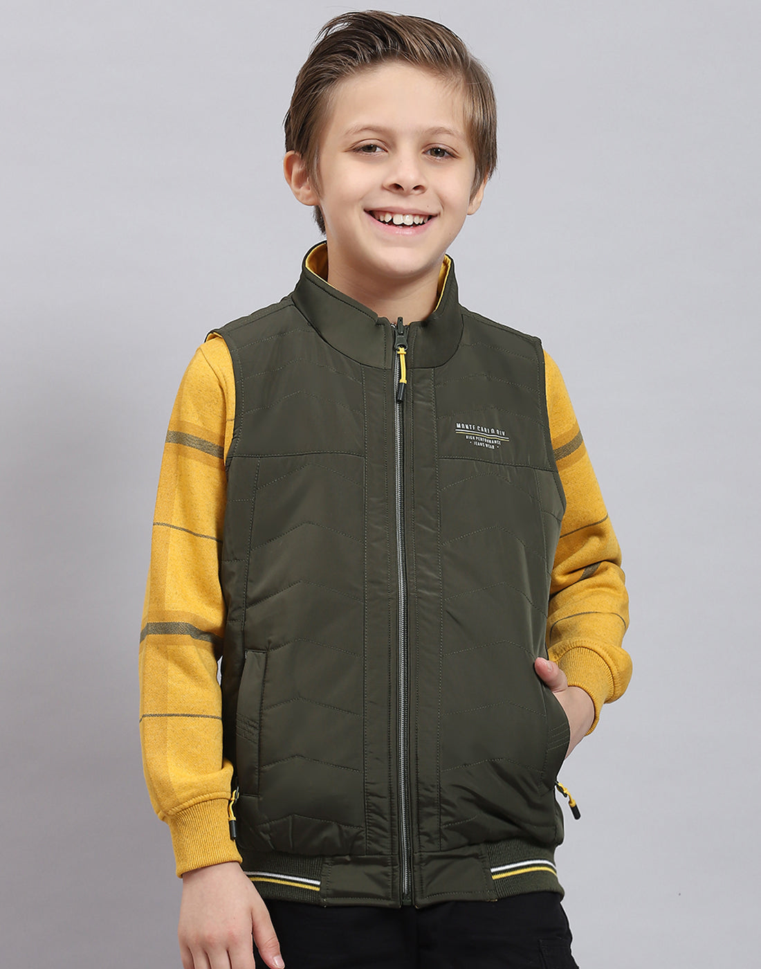 Boys Olive Solid Stand Collar Sleeveless Boys Jacket