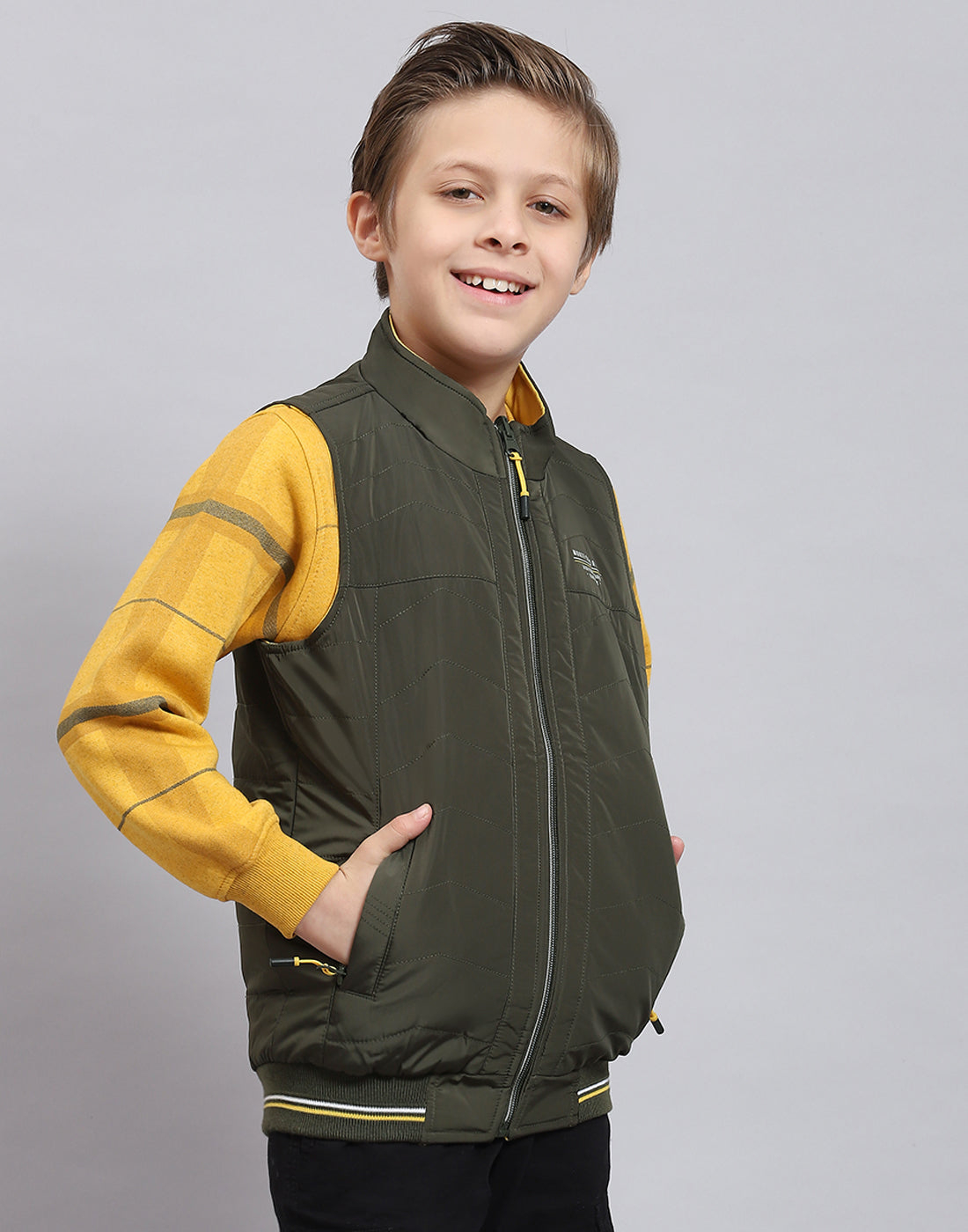 Boys Olive Solid Stand Collar Sleeveless Boys Jacket
