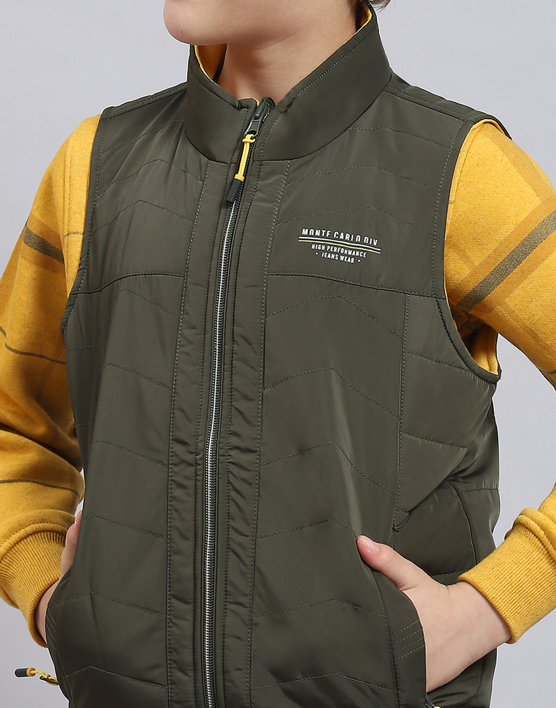 Boys Olive Solid Stand Collar Sleeveless Boys Jacket