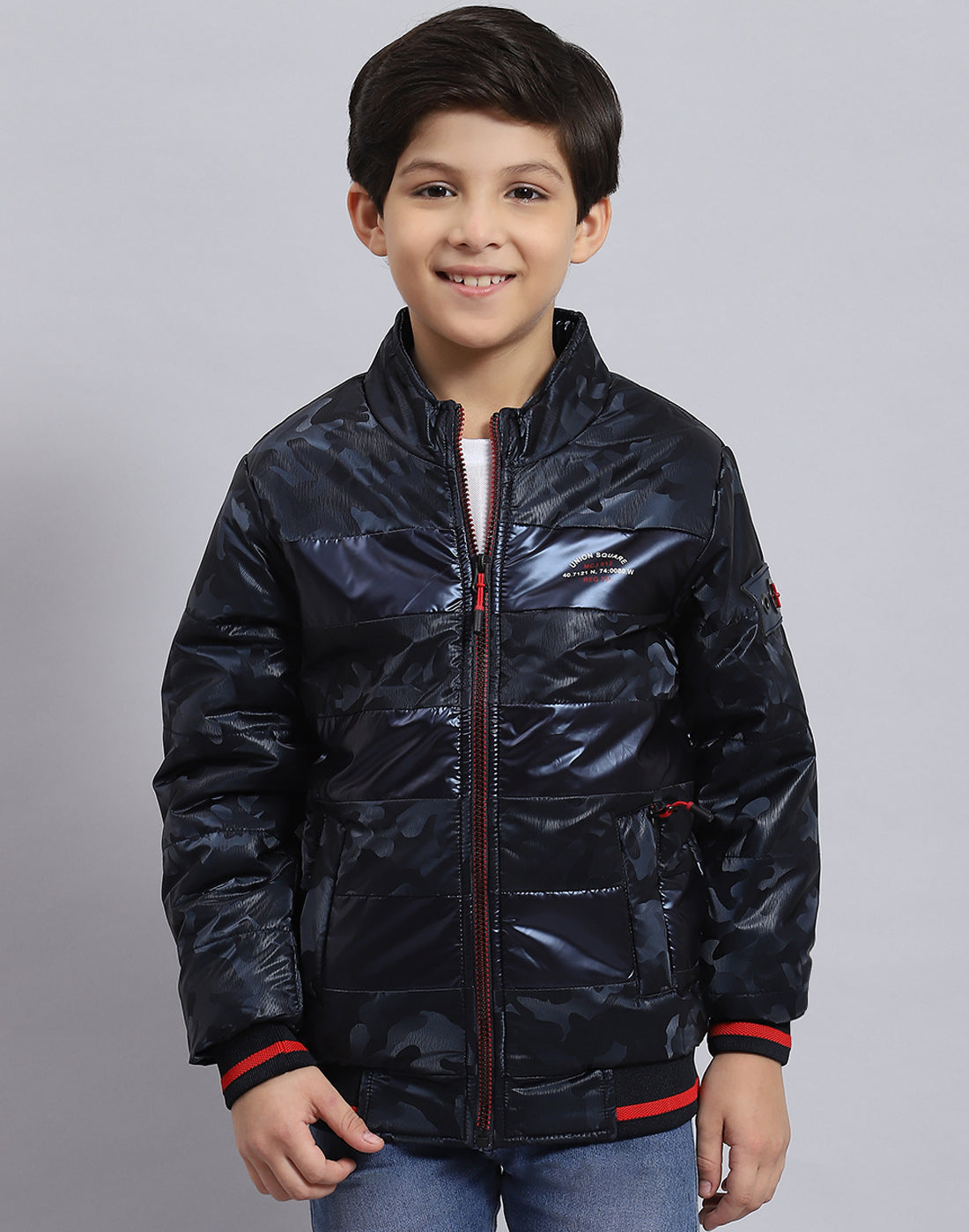 Boys Navy Blue Printed Stand Collar Full Sleeve Boys Jacket