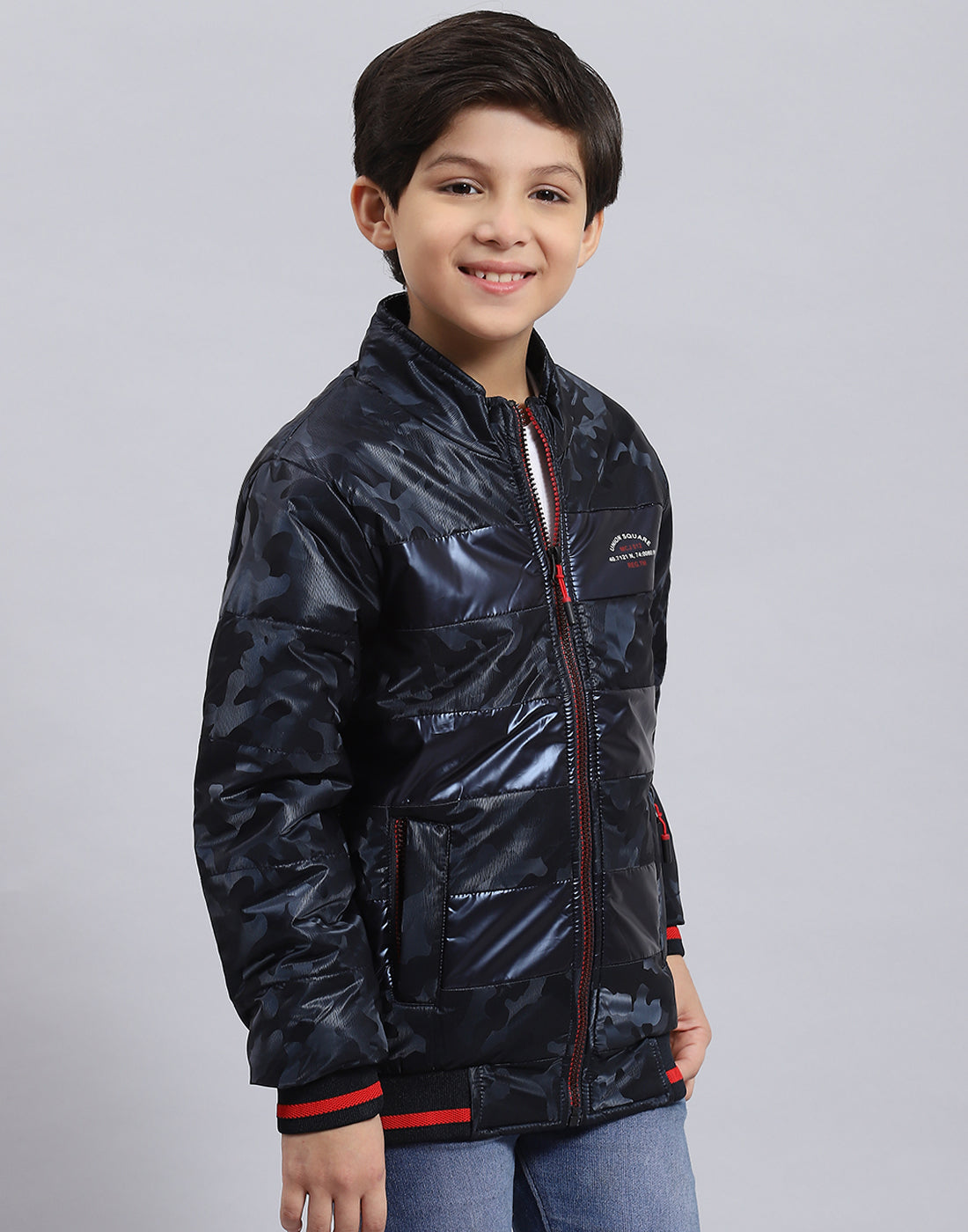 Boys Navy Blue Printed Stand Collar Full Sleeve Boys Jacket