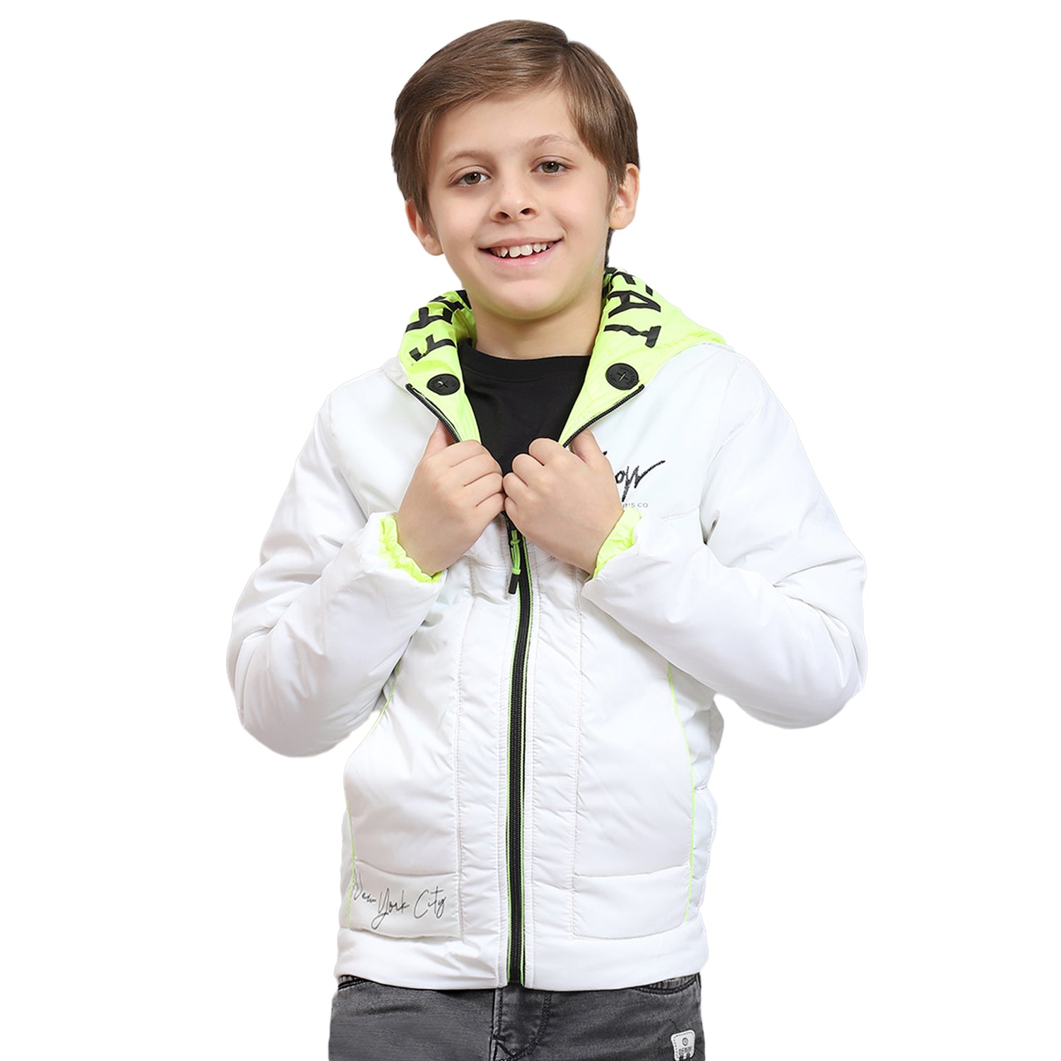 Boys White Solid Hooded Full Sleeve Boys Jacket