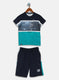 Boys Teal Blue & Navy Printed Bermuda Set