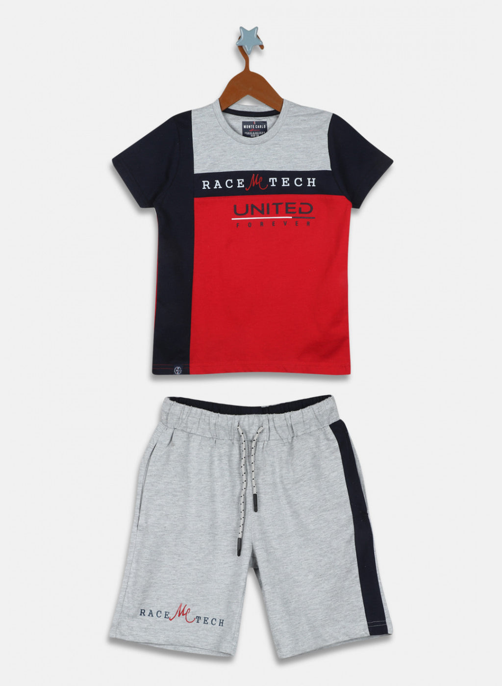 Boys Red & Grey Printed Bermuda Set