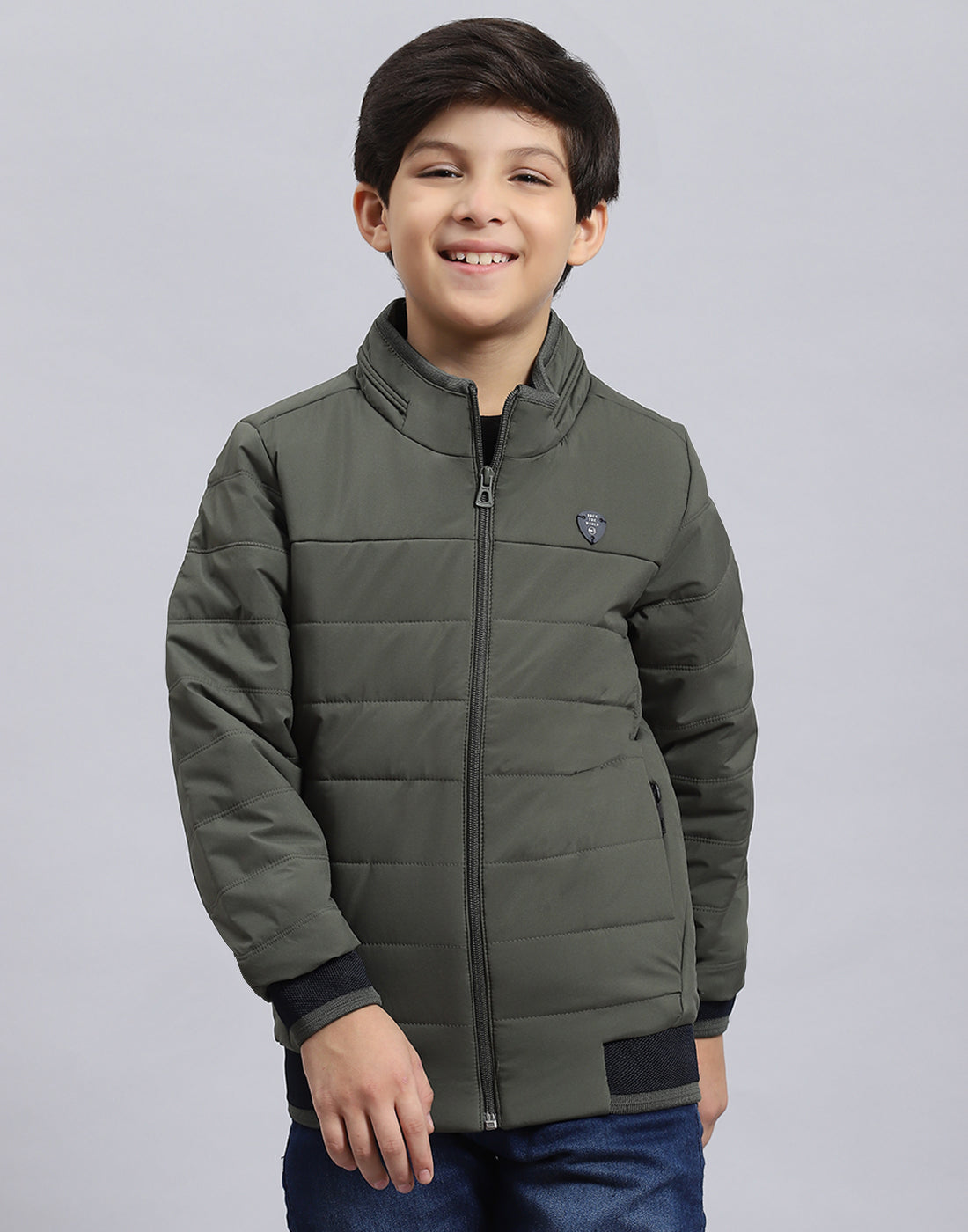 Boys Olive Solid Stand Collar Full Sleeve Boys Jacket