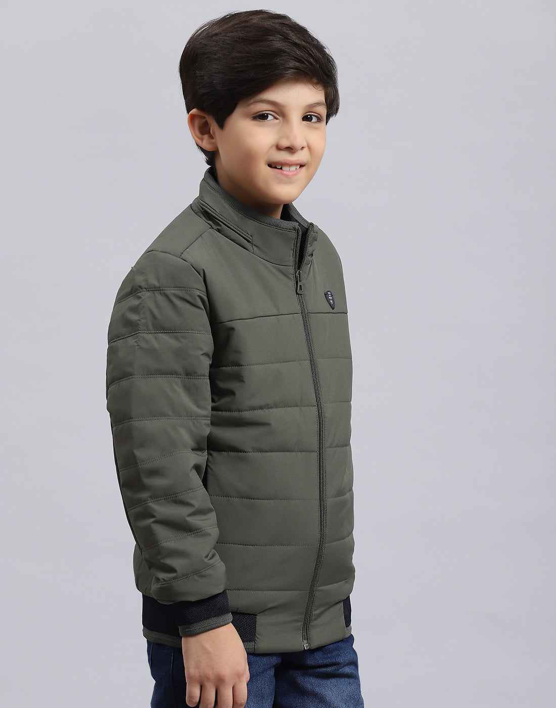 Boys Olive Solid Stand Collar Full Sleeve Boys Jacket
