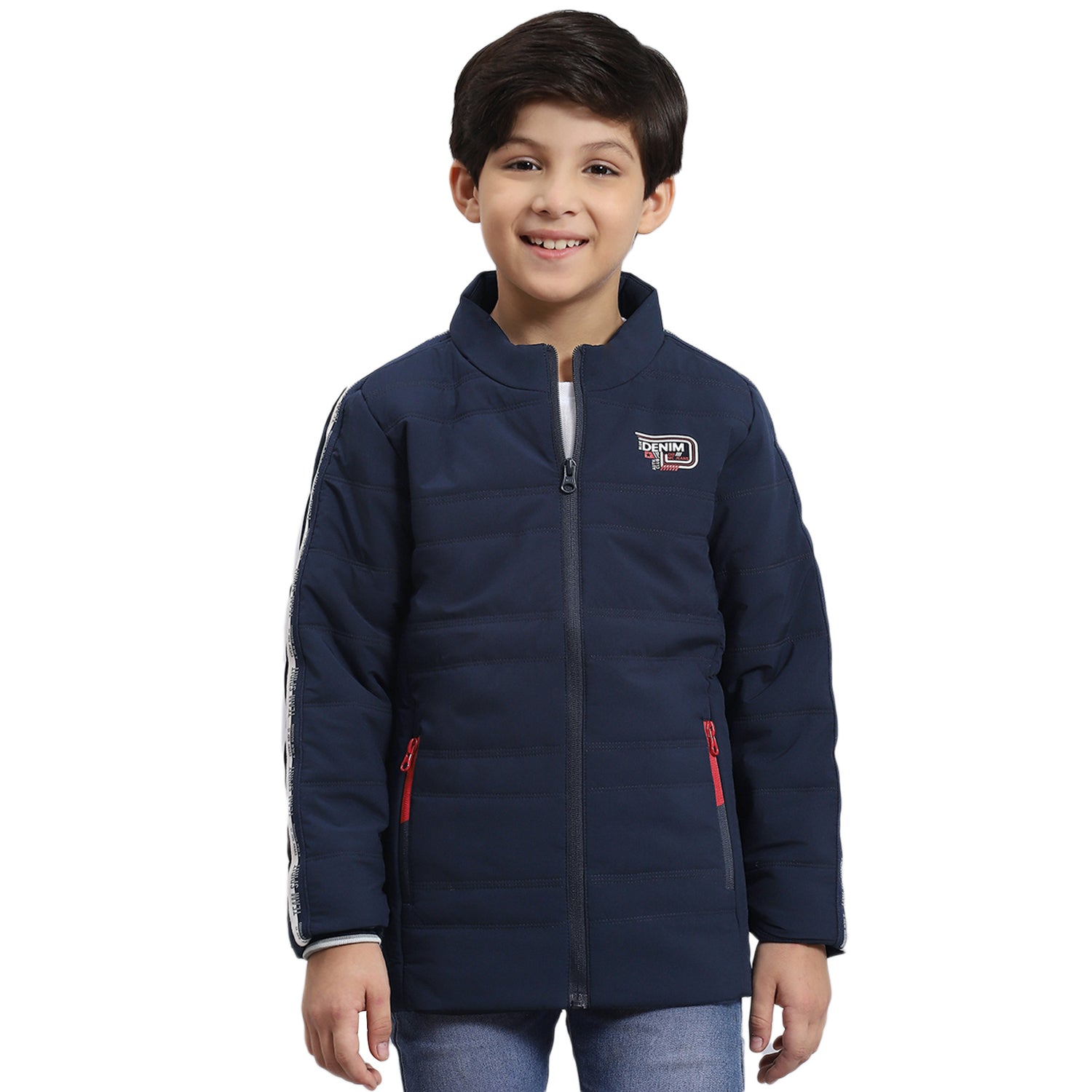 Boys Navy Blue Solid Stand Collar Full Sleeve Boys Jacket