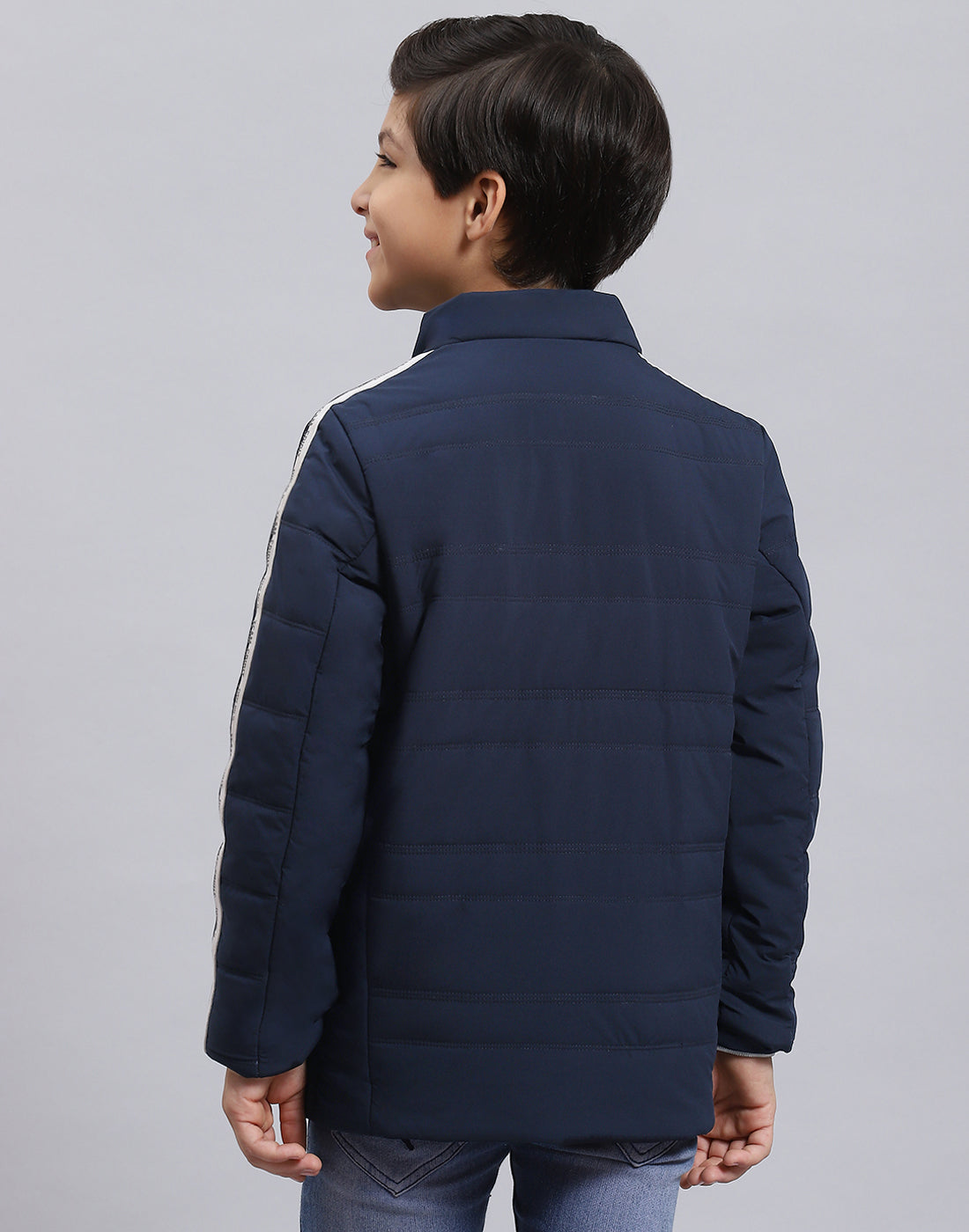Boys Navy Blue Solid Stand Collar Full Sleeve Boys Jacket