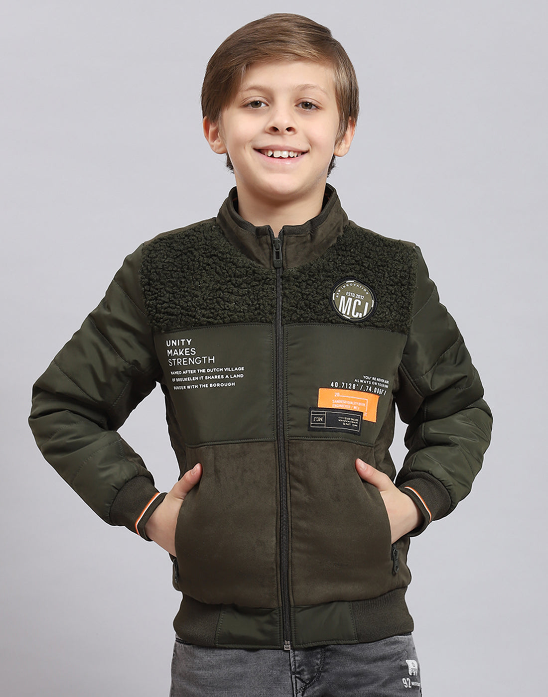 Boys Olive Solid Stand Collar Full Sleeve Boys Jacket