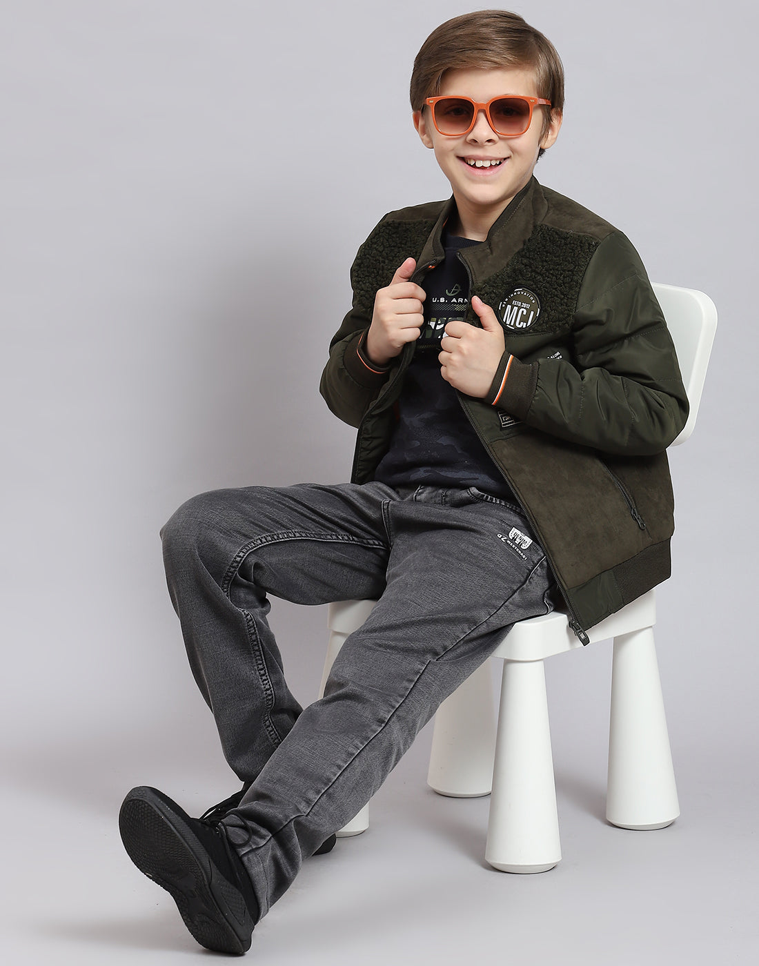 Boys Olive Solid Stand Collar Full Sleeve Boys Jacket
