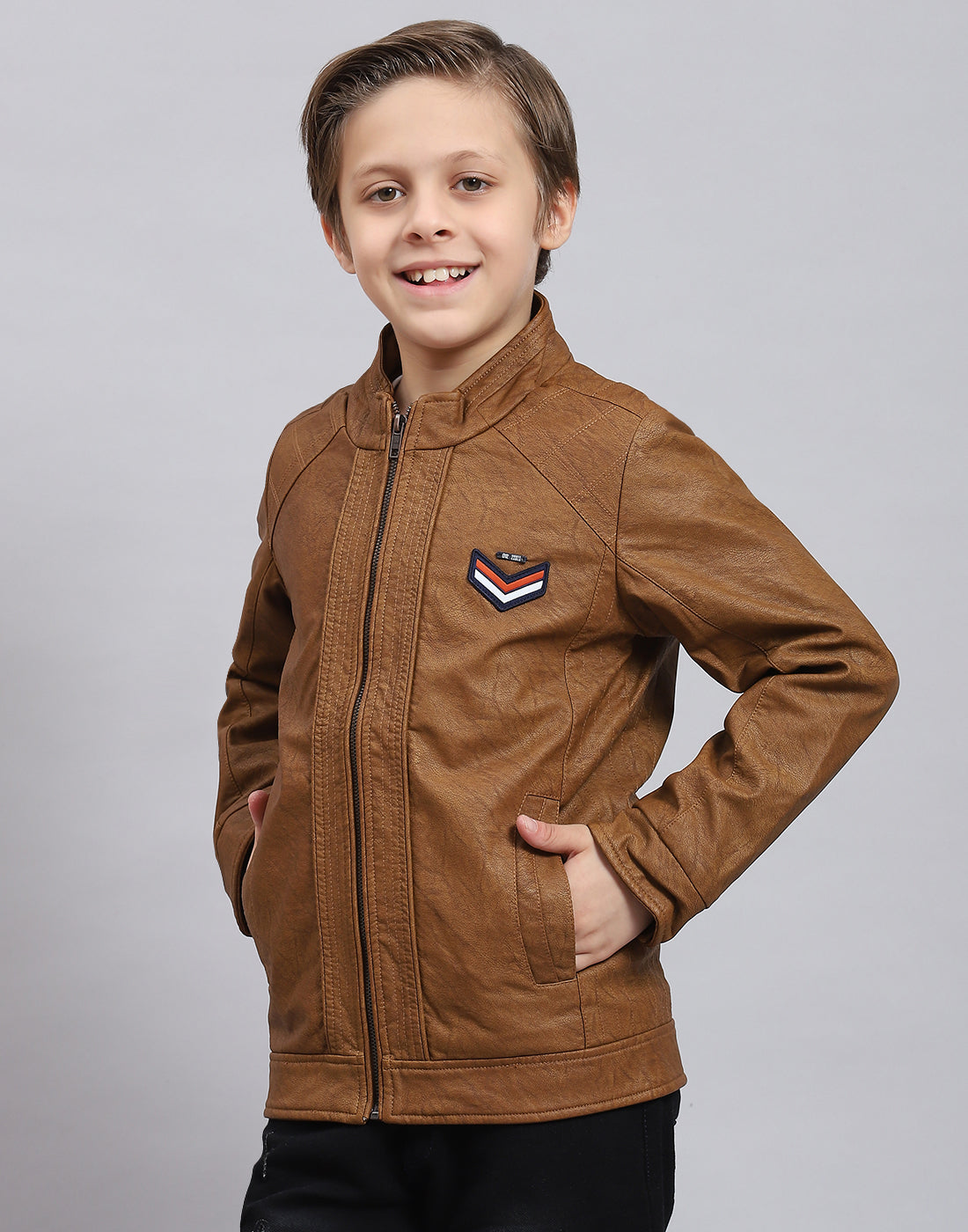 Boys Brown Solid Stand Collar Full Sleeve Boys Jacket