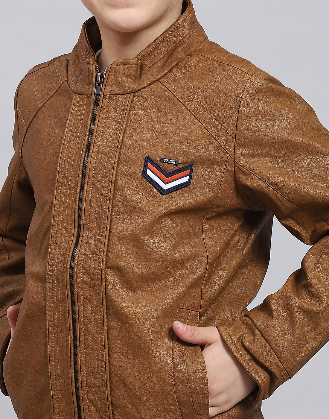 Boys Brown Solid Stand Collar Full Sleeve Boys Jacket