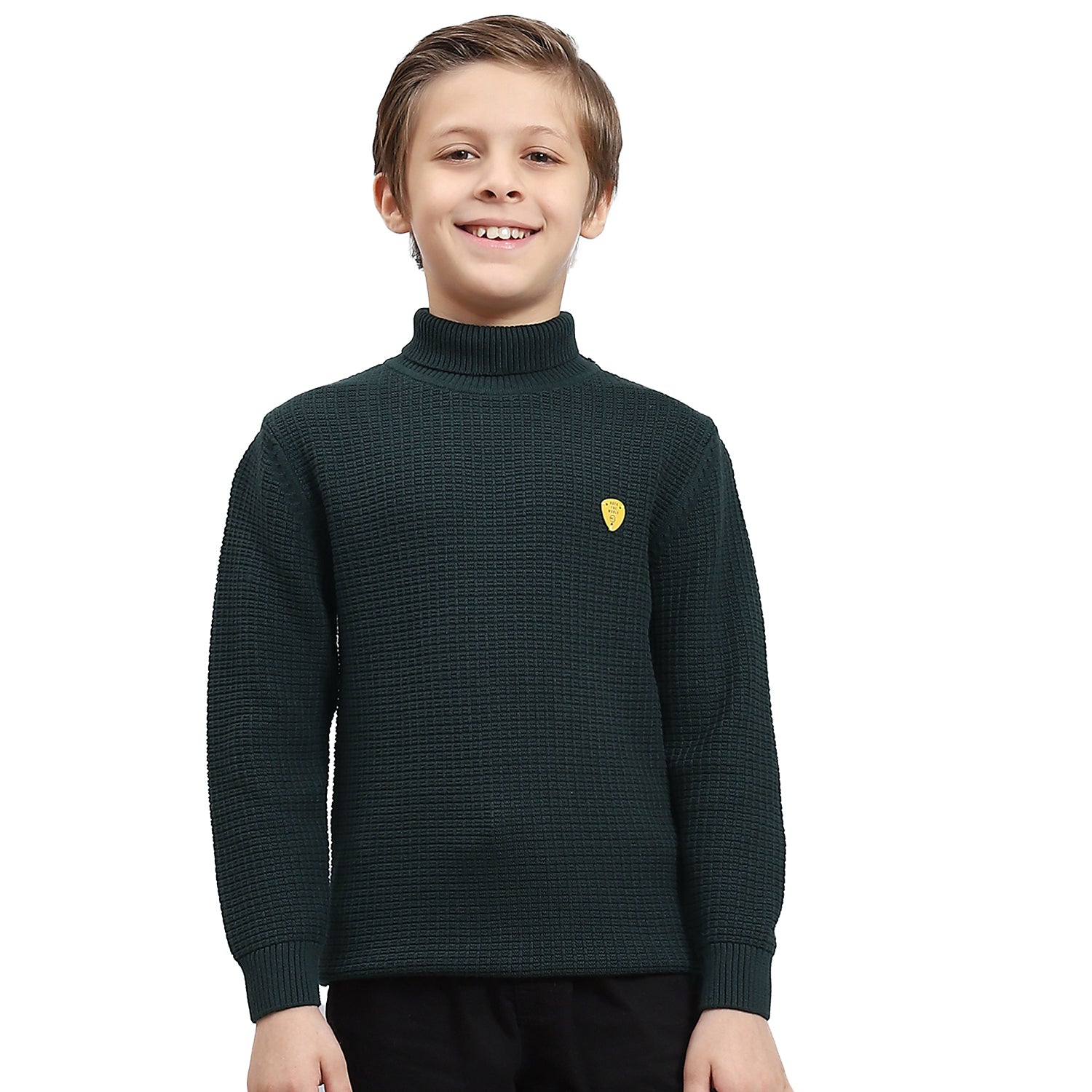 Boys Green Solid H Neck Full Sleeve Sweater