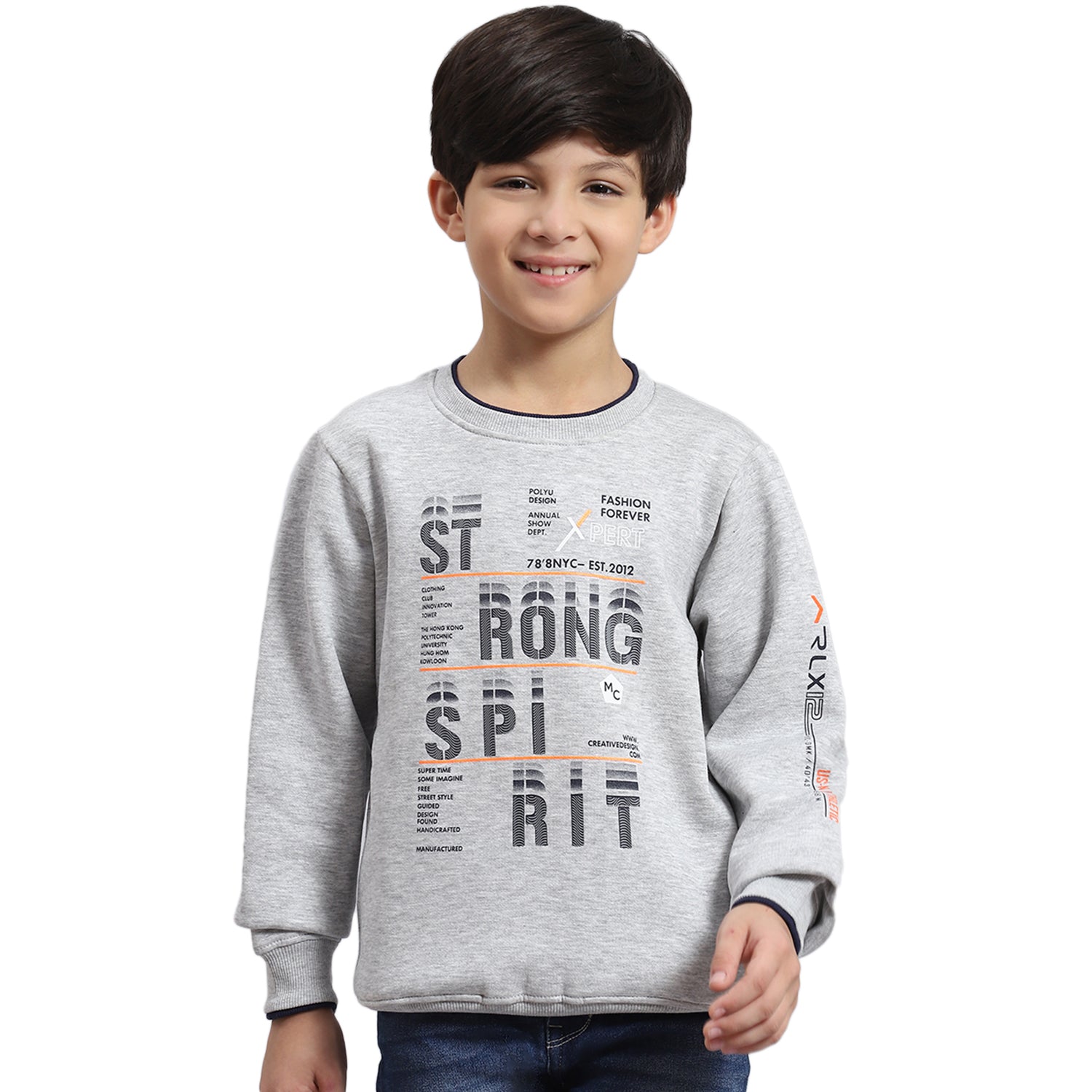 Boys Grey Melange Printed Round Neck Full Sleeve Sweatshirt